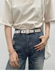 White leather belt with heart buckle and cutout hollow design for women daily fashion style