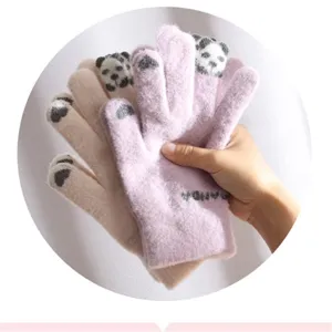 Cute panda knit touch screen gloves for women, warm winter thermal fleece lined mittens.