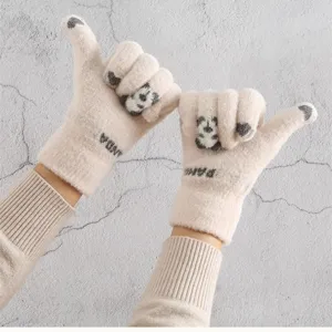 Cute autumn winter warm knit touchscreen gloves for women, thick wool panda pattern grey.