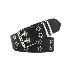 Trendy black PU leather wide belt with punk star grommets and silver double prong buckle.