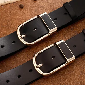 Men leather belt business casual black strap with gold tone metal pin buckle for trousers