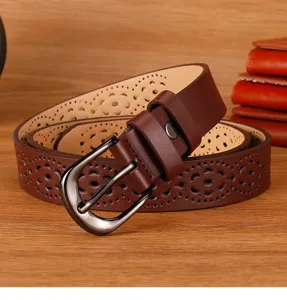 Women brown hollow leather belt detail, stylish pin buckle casual waist belt for jeans.