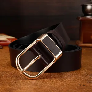Men's casual leather belt with gold pin buckle, perfect for jeans and daily wear.