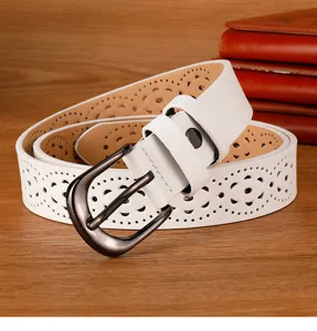 Women white hollow leather belt, stylish casual pin buckle design for jeans wear.