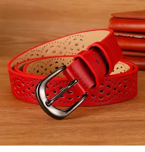 Red hollow leather belt detail, women's fashion casual pin buckle belt for jeans.