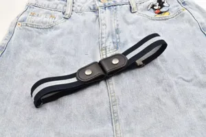 Invisible elastic belt for women, buckleless stretch waist strap with stylish blue stripe.