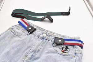 Invisible elastic waistband with cartoon embroidery jeans detail view, adjustable belt.