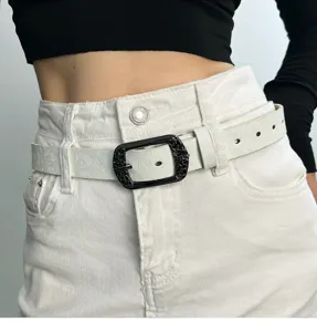 White leather belt with vintage metal buckle embossed gothic pattern stylish waist accessory