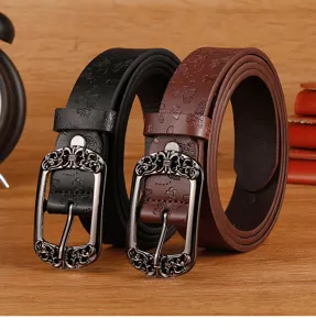 Vintage retro style leather belt with carved metal pin buckle, dual color set for casual wear.