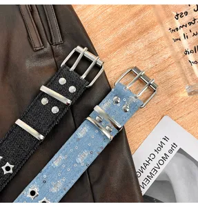 Y2K Denim Stern Nieten Gürtel Vintage Doppelter Dornschließe Jeans Taillenbänder Accessoire