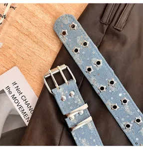 Blauer Jeansstoff Sternen Nieten Gürtel Detail Y2K Mode Accessoire Retro Taille Stil