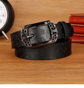 Retro vintage black leather belt with embossed butterfly pattern and elegant carved metal pin buckle.