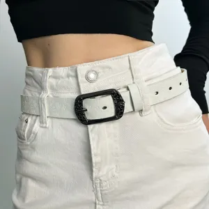 White leather belt with vintage ornate buckle, stylish casual waist belt for jeans.