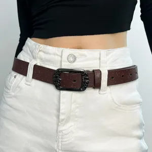 Vintage brown embossed pin buckle belt for women, stylish student denim trousers waist accessory.