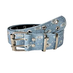 Y2K Jeansgürtel mit Sternösen und Metallschnalle Damen Vintage Denim Hosen Accessoire