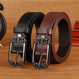 Retro vintage style pin buckle belt with embossed butterfly pattern for casual jeans and daily wear.