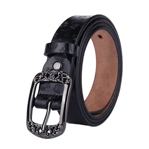 Retro butterfly embossed leather belt with vintage metal pin buckle for casual jeans wear.