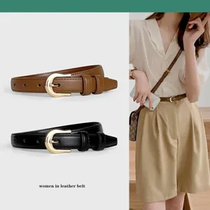 Elegant women leather belt with golden metal buckle, versatile slim waist accessory for jeans.