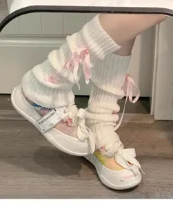 Damen Strick Beinlinge mit süßen rosa Schleifen, süße Freizeitsocken für Frühling Sommer.