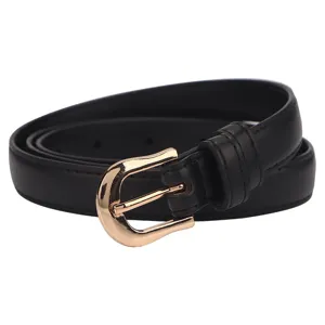 Women fashion black leather belt with gold metal pin buckle daily casual dress jeans waist belt