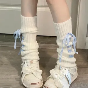 Damen JK Stil Süß Gestrickt Stulpen Lolita Schleife Band Gestapelte Socken