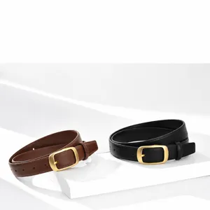 Classic genuine leather women belt with elegant gold buckle, stylish daily casual accessory.