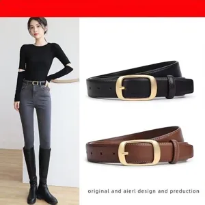 Women's leather belt with gold rectangular buckle fashion casual jeans belt daily wear