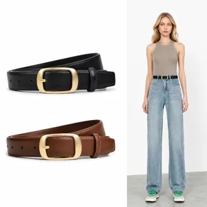 Stylish women's leather belt with gold square buckle, classic black and brown casual waist belt.