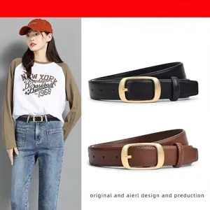 Women genuine leather belt with gold metal buckle fashion casual jeans belt black and brown