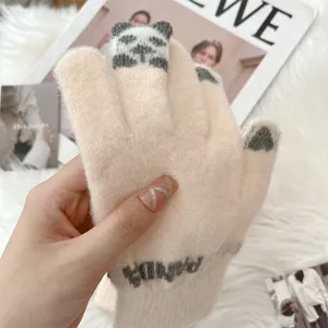 Cute winter warm touch screen knit gloves for women with panda design and soft wool material.