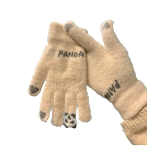 Women winter warm knit gloves cute panda print touchscreen thermal woolen gloves 1pair