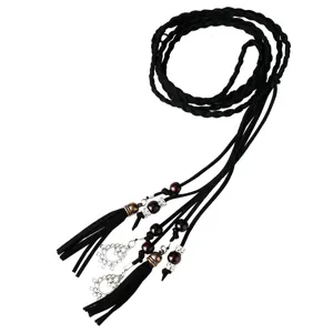 Ceinture tressée bohème à franges pour femme corde vintage robe ceinture décorative noir