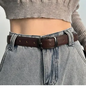 Women Vintage Brown Leather Belt Metal Pin Buckle Casual Jeans Waistband Daily Wear