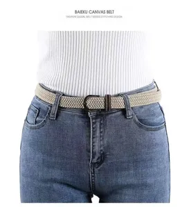 Woven elastic canvas belt with metal buckle, casual stretch design for daily wear and jeans.