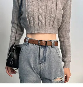 Women vintage slim leather belt with pin buckle, versatile minimalist design for jeans daily wear.