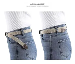 Detailed view of casual braided canvas belt with leather tip, stretch design for daily wear.