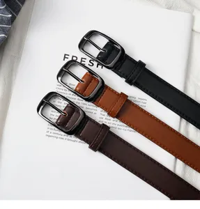 Minimalist retro pin buckle leather belt for women, versatile thin strap jeans accessory.