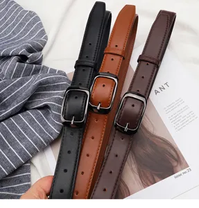 Women retro thin leather belt set with pin buckle minimalist jeans waist strap versatile