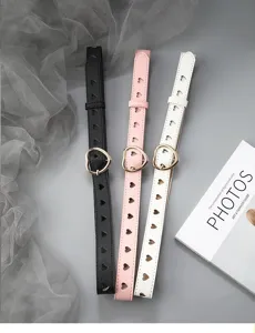Women heart hollow waist belt fashion PU leather strap cute pin buckle detail view.