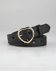 Close-up of black leather belt featuring gold heart-shaped buckle and cutout heart details.