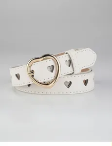 Women white PU leather belt with gold heart buckle and cutout hollow heart details, stylish detail.