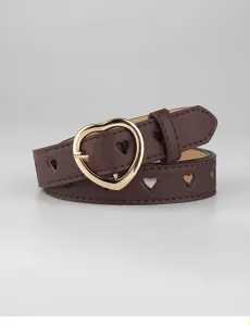 Close-up detail of a stylish brown leather belt featuring a gold heart buckle and cutouts.