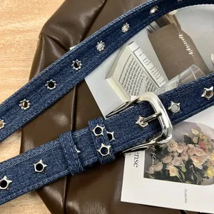 Women denim belt with star metal eyelets and pin buckle versatile fashion jeans accessory