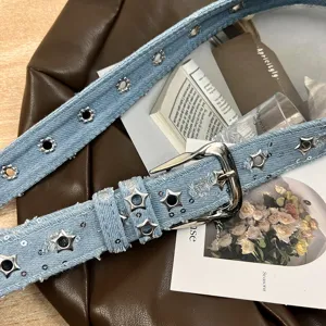 Women denim belt with star grommets and silver pin buckle fashionable aesthetic jeans waist strap