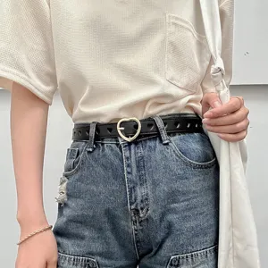 Women black leather belt with cute metal heart buckle and hollow heart cutout design daily wear
