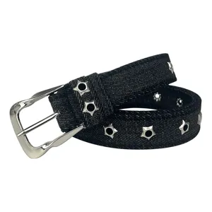 Women black denim belt with star metal eyelets and silver pin buckle for jeans casual wear.