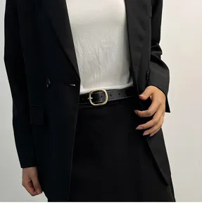 Women minimalist black leather belt with golden buckle and contrast stitching detail.