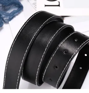 Detail view of black leather women belt featuring white contrast stitching and pin holes.