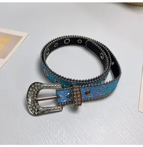 Blauer Strass Glitzer Gürtel für Damen Mode glänzender Diamant Taille Accessoire Details.