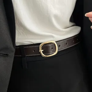 Stylish women brown leather belt with gold buckle and white stitching for casual wear main view